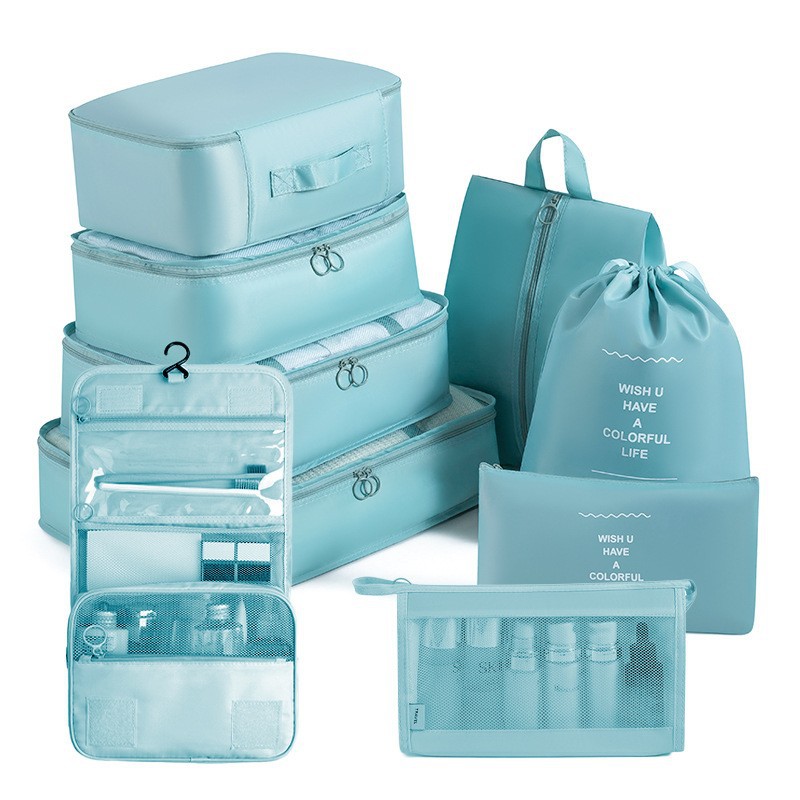 "Six sets in sky blue, three bags in a sealed bag."